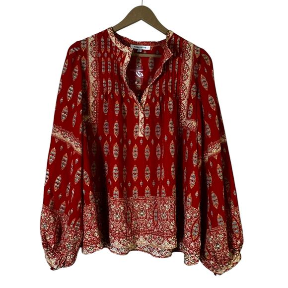 Rose + Olive Paisley Print Peasant Top Womens L Red Hippie Boho Cottagecore - Picture 2 of 7